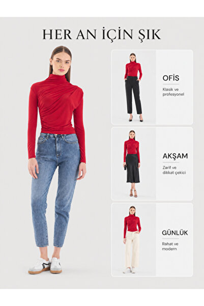 Lily Collection Kadın Kırmızı Drapeli Yüksek Yakalı Uzun Kollu Şık Bluz