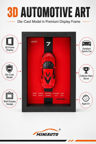 Toy Factory MINIAUTO 3D Frame Die-Cast Model – Red Lykan Sports Car Shadow Box Wall Display, Collectible Automotive Model Decor, Premium Display Frame, 6+ Years