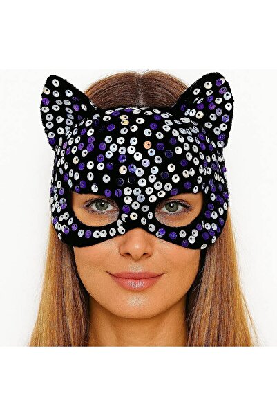 pınaxar Purple and White Sequined Party Mask on Black Velvet Fabric 16X14 cm