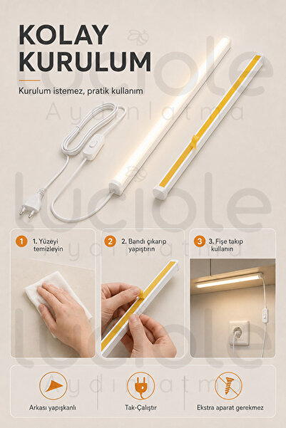 luciole 220V Günışığı LED Bar 100 cm Fişli Anahtarlı Yapışkanlı Tezgah Altı Dolap İçi Aydınlatma