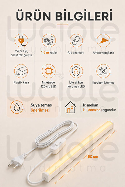 luciole 220V Amber LED Bar 50 cm Fişli Anahtarlı Yapışkanlı Tezgah Altı Dolap İçi Aydınlatma