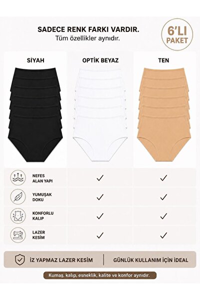 Adeniz Kadın (Beli Lastikli) 6'lı Dikişsiz Lazer Kesim Iz Yapmaz Likralı Yüksek Bel Bikini Slip Külot Premium Esnek ve Yumuşak
