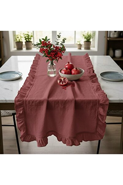 Roza fırfırlı keten runner -Bordo