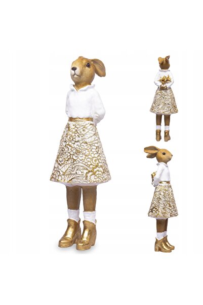NO BRAND Figurină Doamnă Iepure Alb Auriu Glamour Elegant de Paște 24x8,5cm