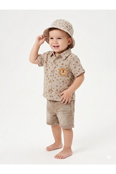 Maison Bebe Cocosiss Baby Boy Lion Emblem Muslin Shirt, Shorts and Hat 3-Piec...