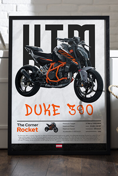 Duvarda KTM Duke 390 Siyah Ahşap Çerçeveli Poster, Dekoratif Motosiklet Duvar...