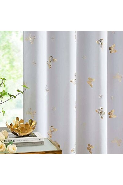 NO BRAND Draperii opace cu inele, albe cu imprimeu fluturi, 225x140cm, 2 bucăți