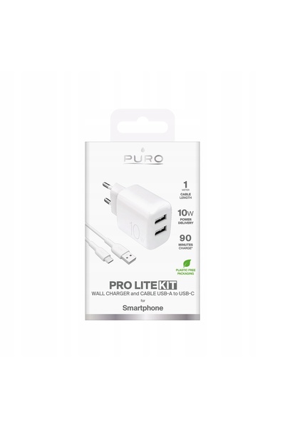 NO BRAND Puro PROLITE 10W încărcător 2x USB-A + cablu USB-A-USB-C 1.2 m - alb
