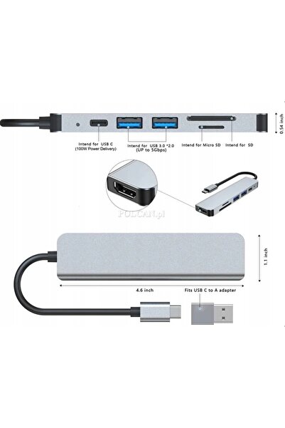 NO BRAND Hub USB-C, splitter HDMI 4K, USB 3.0, adaptor SD 6-în-1, PD 87 W, 6 ...