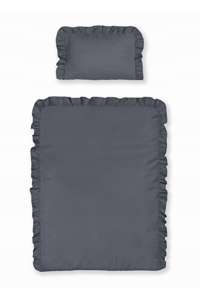 NO BRAND Lenjerie de pat din bumbac 90x120 gri cărbune pentru copii cu volane...