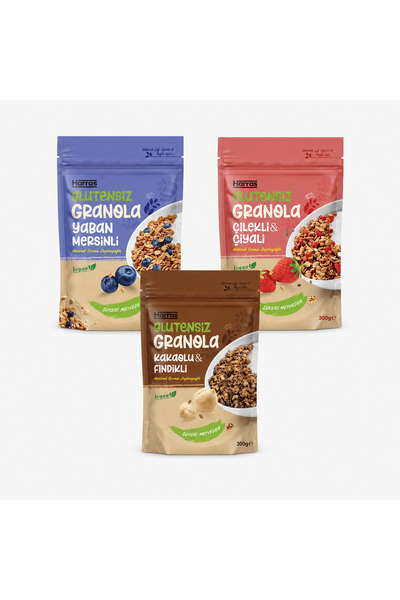 Harras Glutensiz Granola 3’lü Set Yaban Mersinli, Çilekli & Chialı, Kakaolu &...