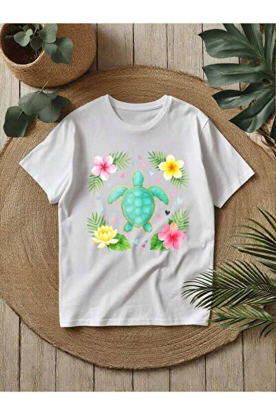 k222 Women's European American Loose T-Shirt - Colorful Floral And Turtle Pat...