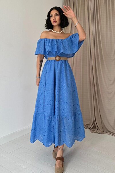 ELBEE Baby Blue Shoulder Elastic Embroidery Dress