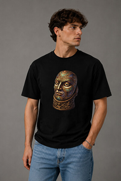 BAGAND Premium Vintage Mask Printed Oversize Unisex T-Shirt Black Ethnic Vint...