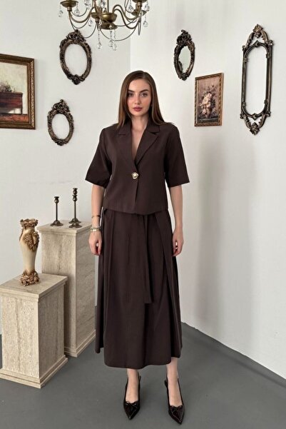 Generic Brand Brown Single Button Short Jacket and Skirt Set