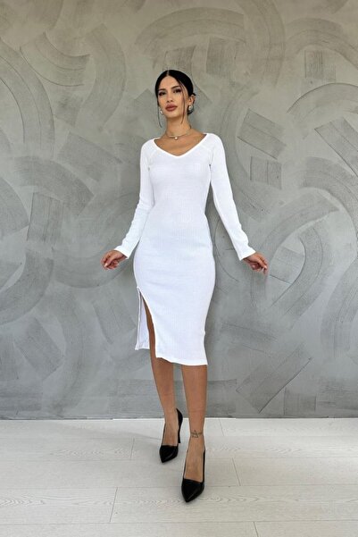 Elbee Fashion Woman White Skirt Slit Knitwear Dress