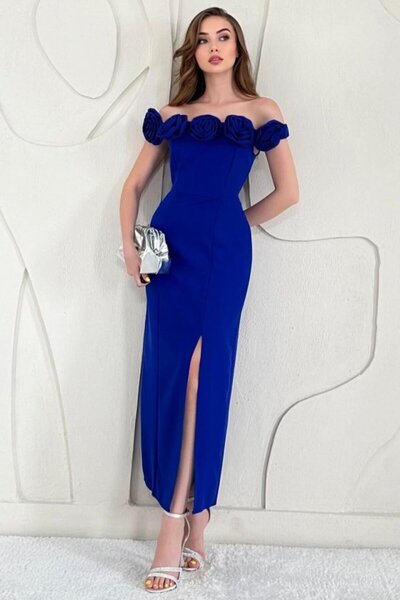 Elbee Fashion Woman Sax Madonna Collar Rose Dress