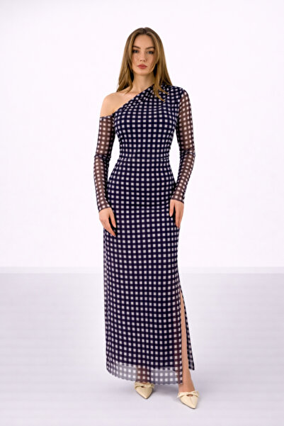 Elbee Fashion Woman Navy Blue Plaid Patterned Asymmetrical Tulle Dress