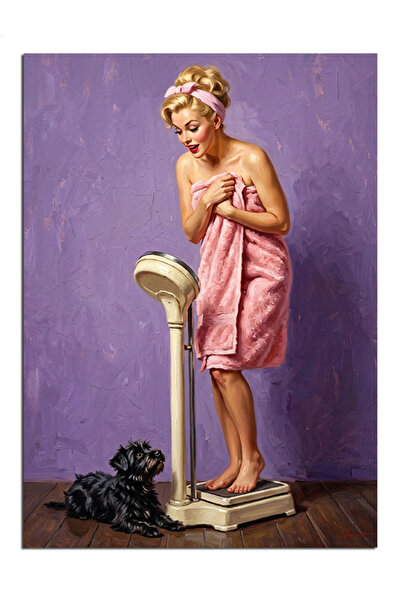 Artmeg Pânză decorativă Pinup Girl cu prosop roz pe cântare - Tablou din lemn...