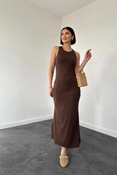 Elbee Fashion Woman Καφέ Αμάνικο Φόρεμα με Λαιμόκοψη Ποδηλάτου