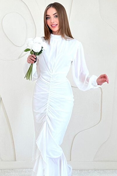 SEREMONİ BUTİK White Front Gathered Chiffon Dress