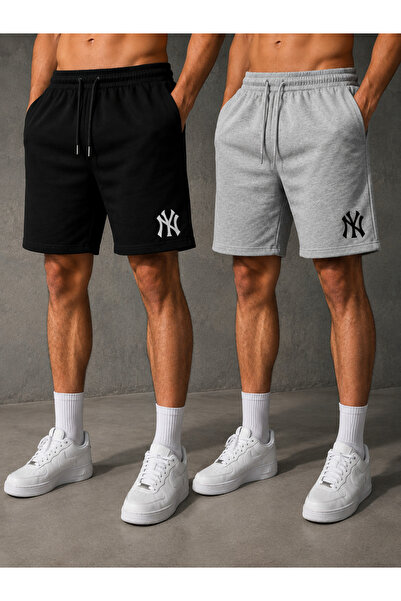 yx yustex sport 2'li NY Baskılı Erkek Şort (Siyah Ve Gri) Nefes Alan Ter Tutm...