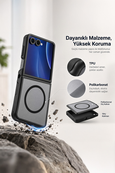 bbtech Samsung Galaxy Z Flip 8 ile Uyumlu Darbe ve Kamera Korumalı MagSafe Kablosuz Şarj Destekli İnce Hafif Premium Buzlu Mat Kılıf