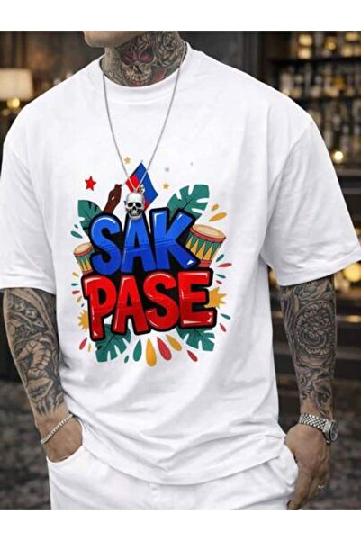 21JNRY تي شيرت رجالي بتصميم 'SAK PASE'، يتميز برقبة دائرية وأكمام قصيرة، وقصة...