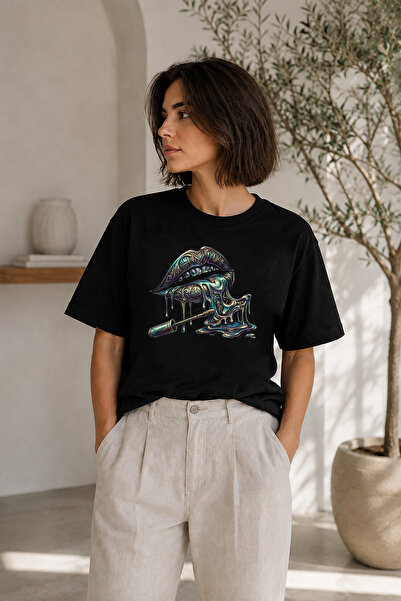 BAGAND Premium Lip Print Oversize Unisex T-Shirt Black Surreal Colorful Stree...