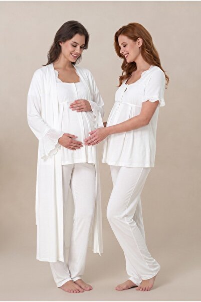 LOHOUSE Women's Ecru Flounce Sleeve Scallop Lace Maternity Nightgown Set with...