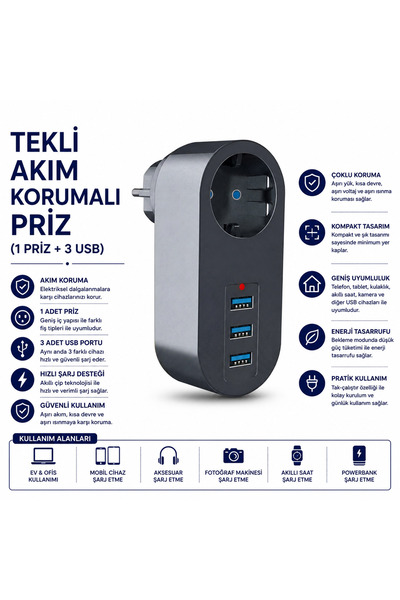AŞIK STORE Tekli Akım Korumalı Priz 1 Priz 3 USB Çıkışlı Topraklı Çoklu Şarj ...