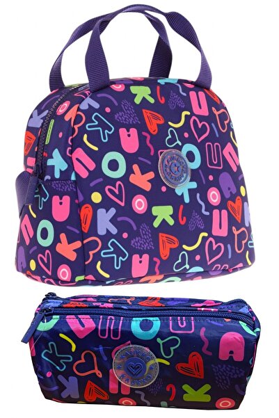 KAUKKO Navy Blue Girls' School Lunchbox and Three-Compartment Pencil Case Sch...