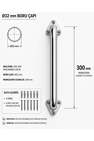 Çap 32 Yaşlı Hasta Engelli Paslanmaz Çelik Tuvalet Tutunma Barı 30cm