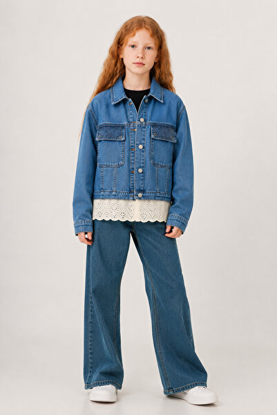 GİYİCEM TEKSTİL Girl's Sparkle Pocket Detailed Denim Jacket 1546-3