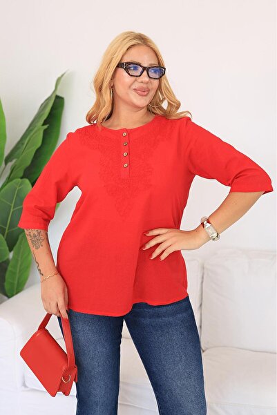 Siyezen Plus Size Embroidered Linen Blouse
