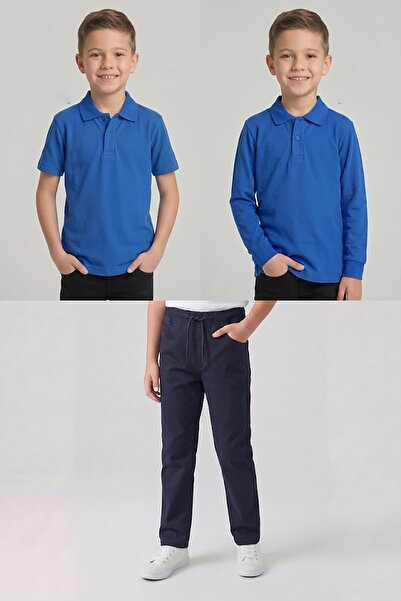 nacar çarşı Boys' School Cobalt Blue Long and Short Sleeve Polo Collar T-Shir...