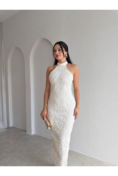 Mooi Butik LORENA Midi Elbise 3757 - Krem Rengi