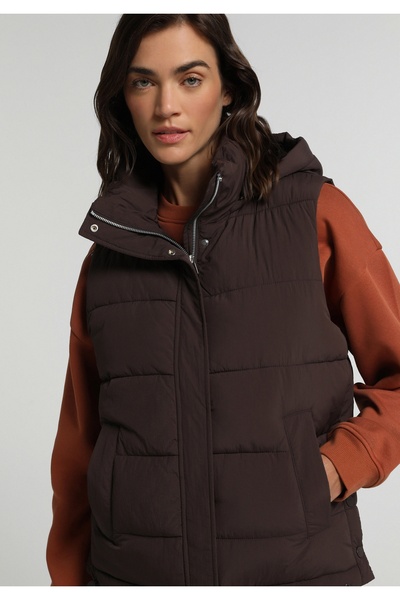 Colin's Regular Fit Hooded Zippered Lined Water Resistant Women's Brown Vest