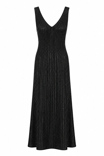 HAZELANNA Stone Embellished V-Neck Long Knitwear Black Dress