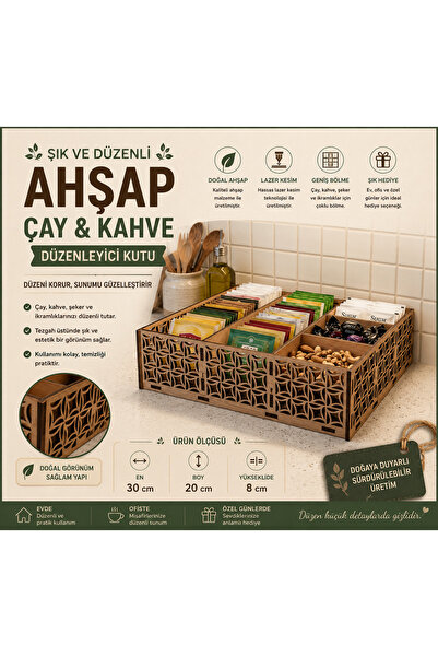 ROKH 🍵 Ahşap Çay Kahve Düzenleyici Kutu | Çok Bölmeli Mutfak ve İkramlık Org...
