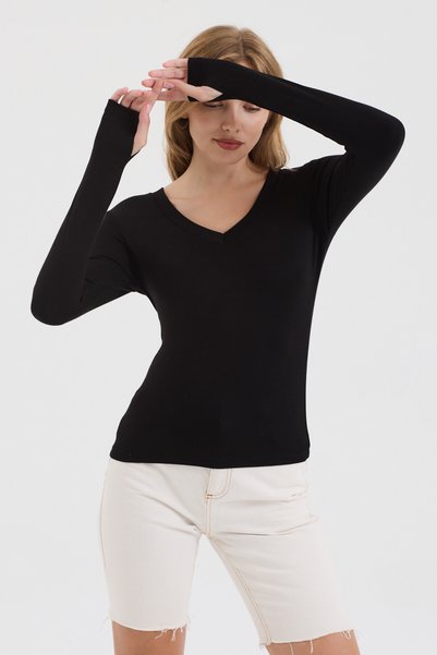 MODiSCHO Women's Black V-Neck Slim Fit Finger-Loop Ultra Soft Flexible Lycra Cotton Basic Body&Blouse