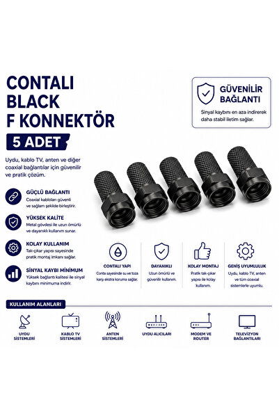 AŞIK STORE Contalı Black F Konnektör 5 Adet Siyah Uydu Anten Kablo TV Koaksiy...