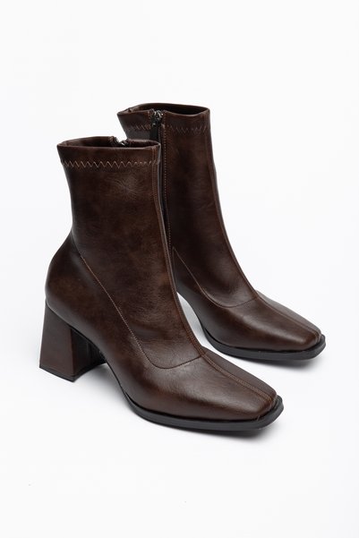 moda rees Women's Brown Leather Blunt Toe Stretch Heel Casual Boots