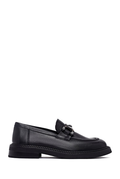 Derimod Women's Black Buckle Leather Masculine Loafer Af450003Dv