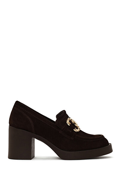 Derimod Women's Brown Thick Heeled Suede Leather Loafer Af450002Ds