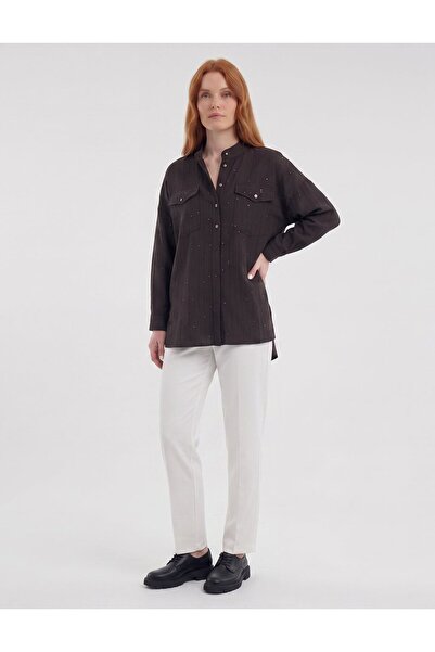 Kayra Double Pocket Hakim Collar Blouse Dark Brown
