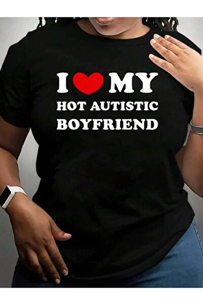 21JNRY تي شيرت أسود مطبوع عليه Love Boyfriend، I Heart My Hot Autistic Bf Cru...