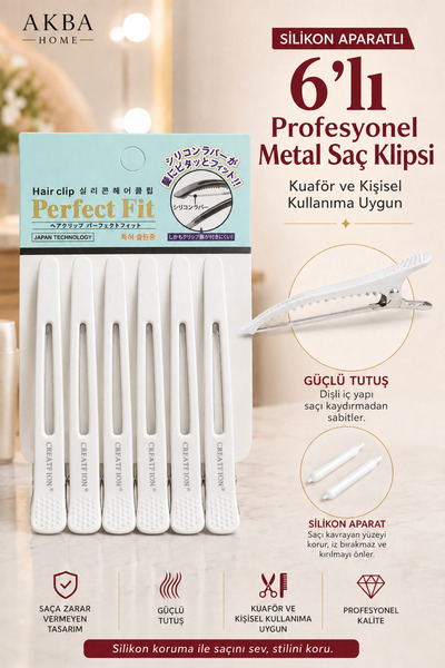 AKBA HOME 6’lı Profesyonel Metal Saç Klipsi Seti Silikon Aparatlı Saç Ayırma ...