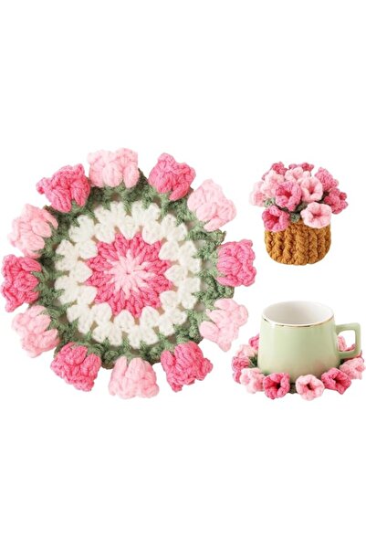 Generic Handmade Flower Crochet Coasters, Decorative Bouquet Pot Mat for Coff...