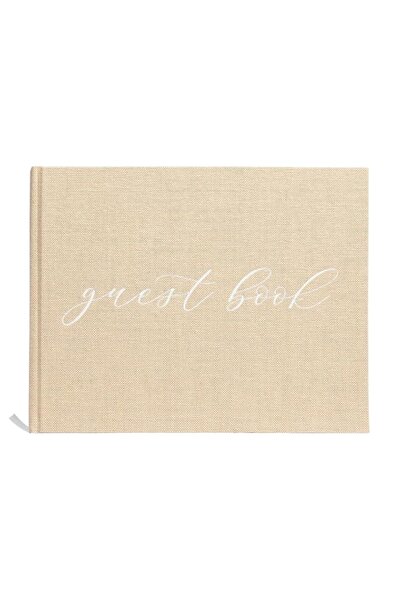 Generic Pearhead Linen Beige Wedding Guest Book with White Script, Elegant We...